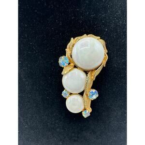 Vintage Gold-Tone Brooch, Iridescent Chalk Glass, Rhinestones